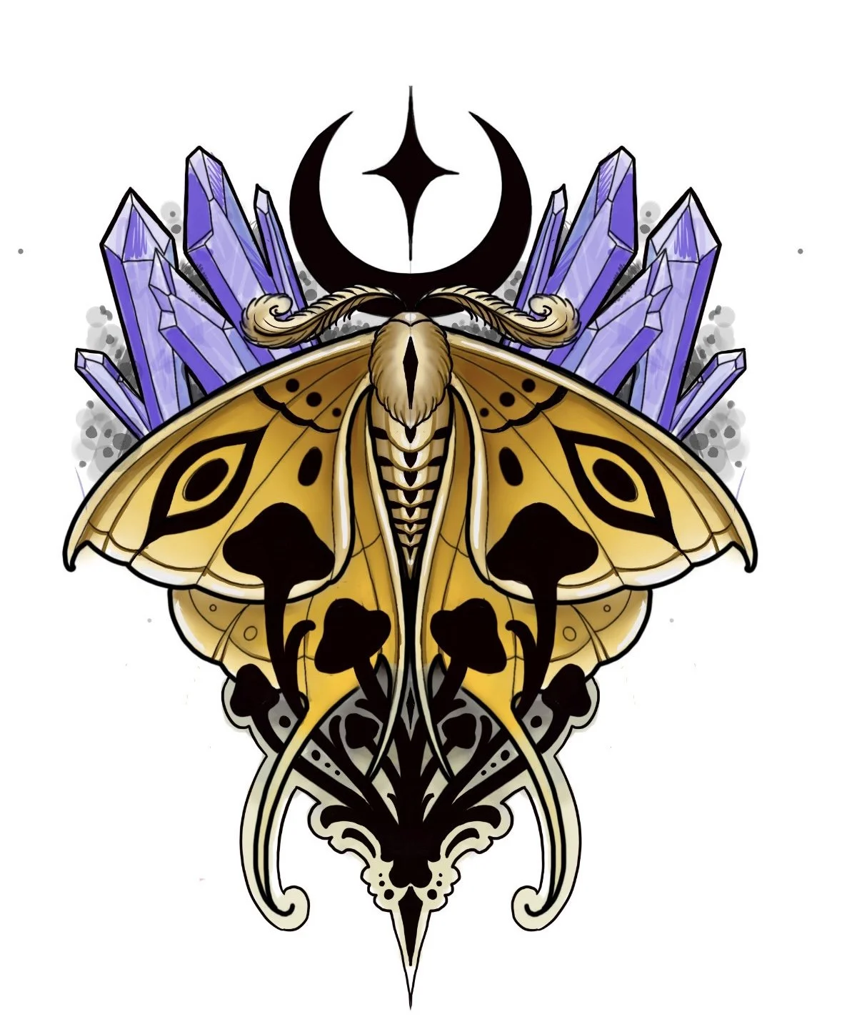 Available moth tattoo design with purple crystals and ornamental details by Miami tattoo artist Adrian Aguirre