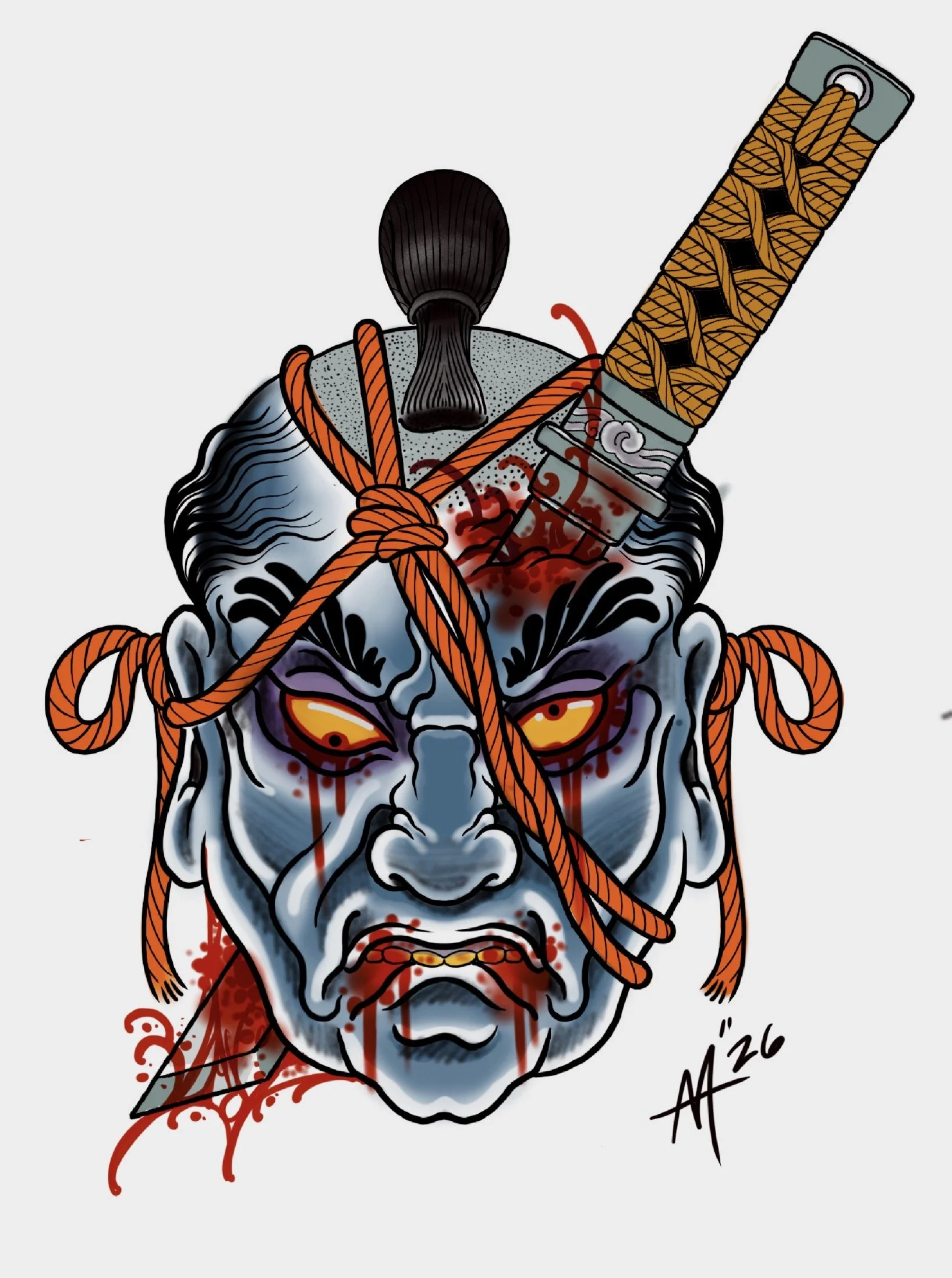 Available Japanese namakubi severed head tattoo design with sword by Miami tattoo artist Adrian Aguirre
