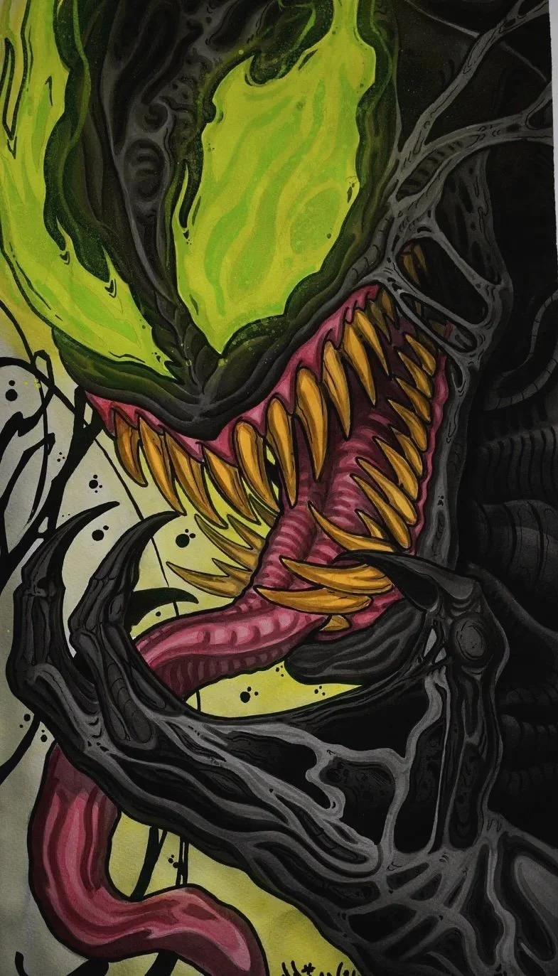 Detail view of Venom open mouth, tongue, and black biomechanical textures in original artwork by Adrian Aguirre