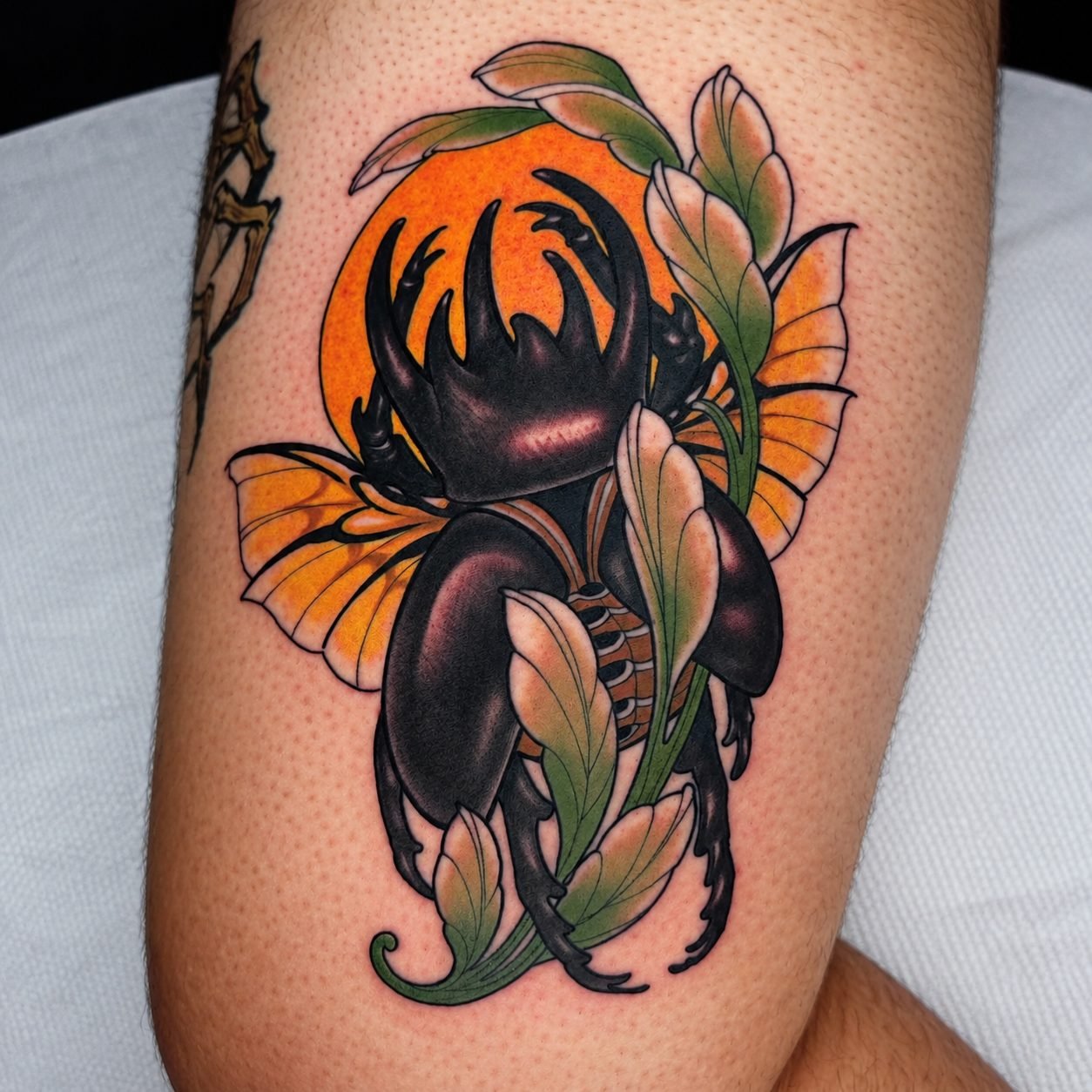 Color neo-traditional stag beetle tattoo with green leaves and orange accents by Adrian Aguirre in Miami, FL