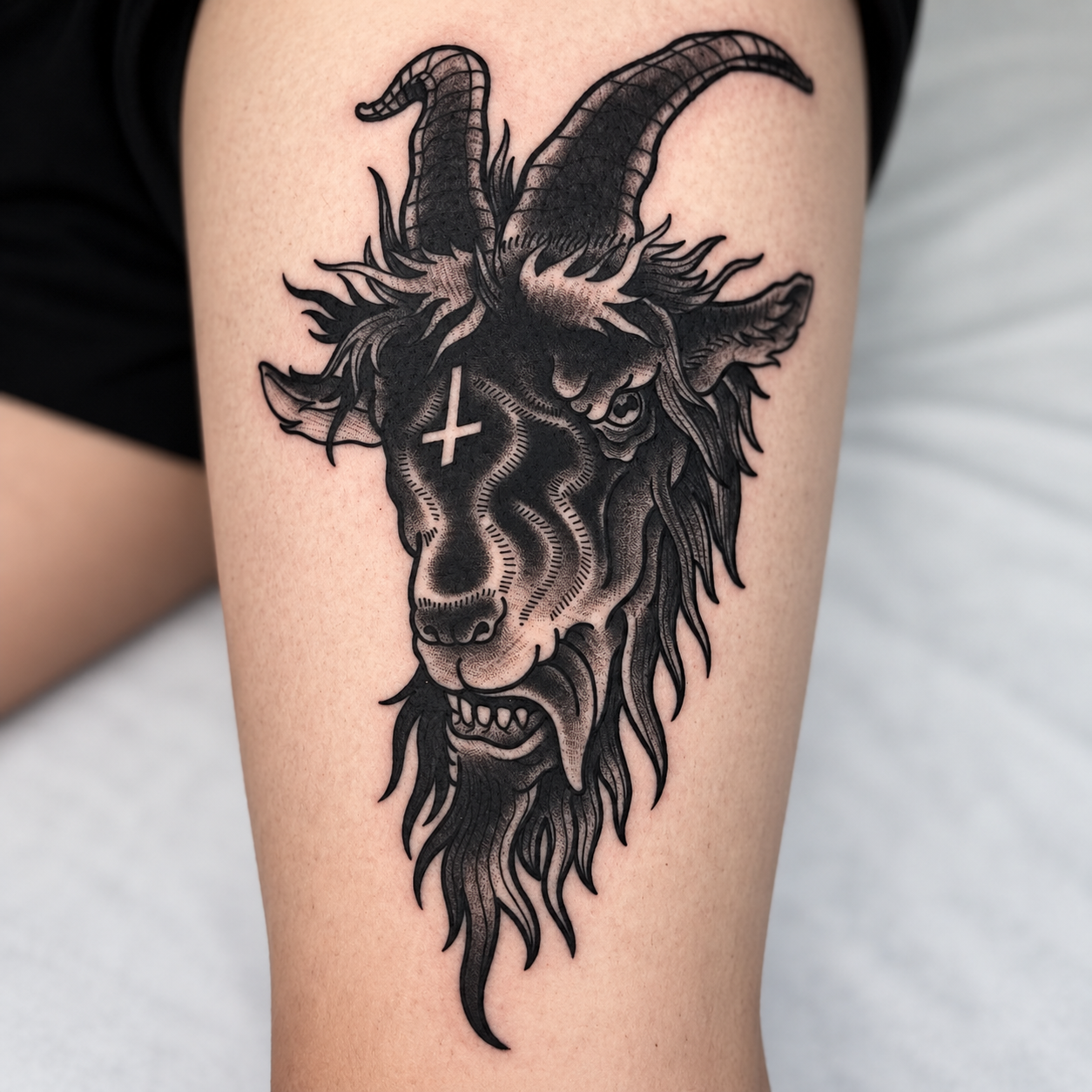 Black and gray goat head tattoo by Miami tattoo artist Adrian Aguirre