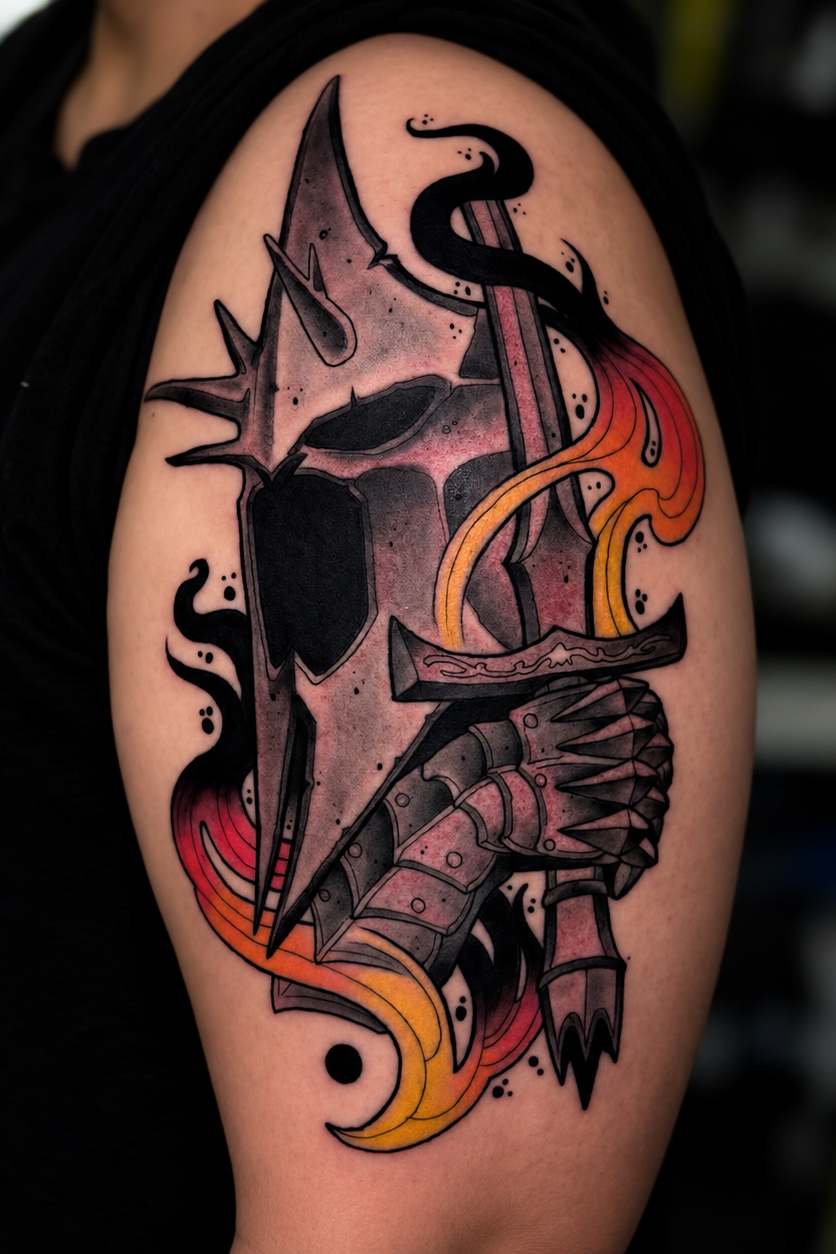Witch-king inspired tattoo from The Lord of the Rings on the upper arm, by Miami tattoo artist Adrian Aguirre.