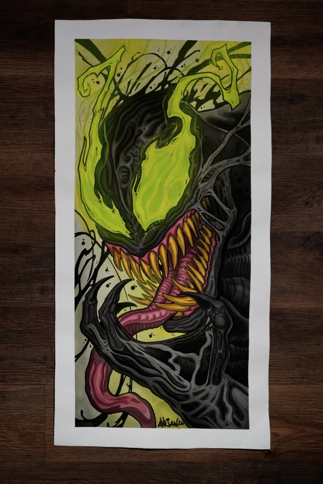 Full view of Venom original mixed-media painting by Adrian Aguirre
