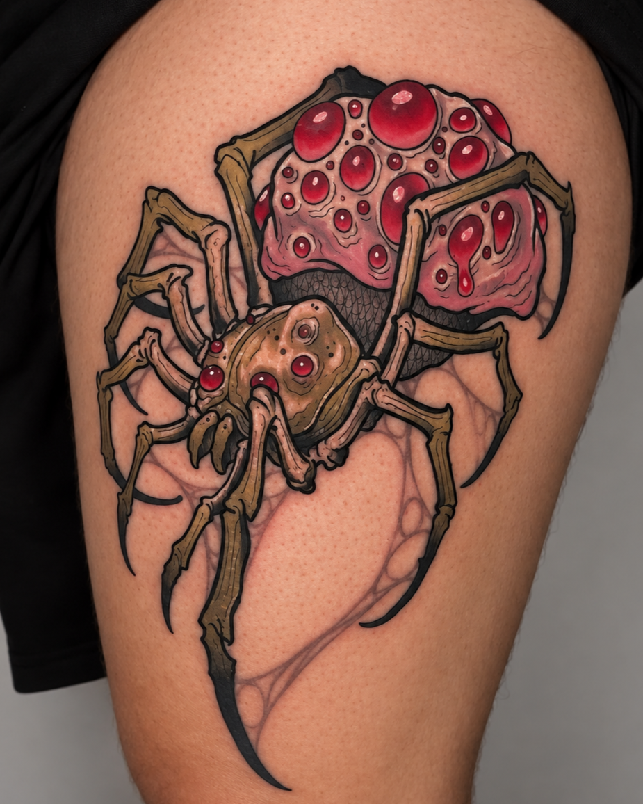 Fungal-inspired spider tattoo with red organic details by Miami tattoo artist Adrian Aguirre