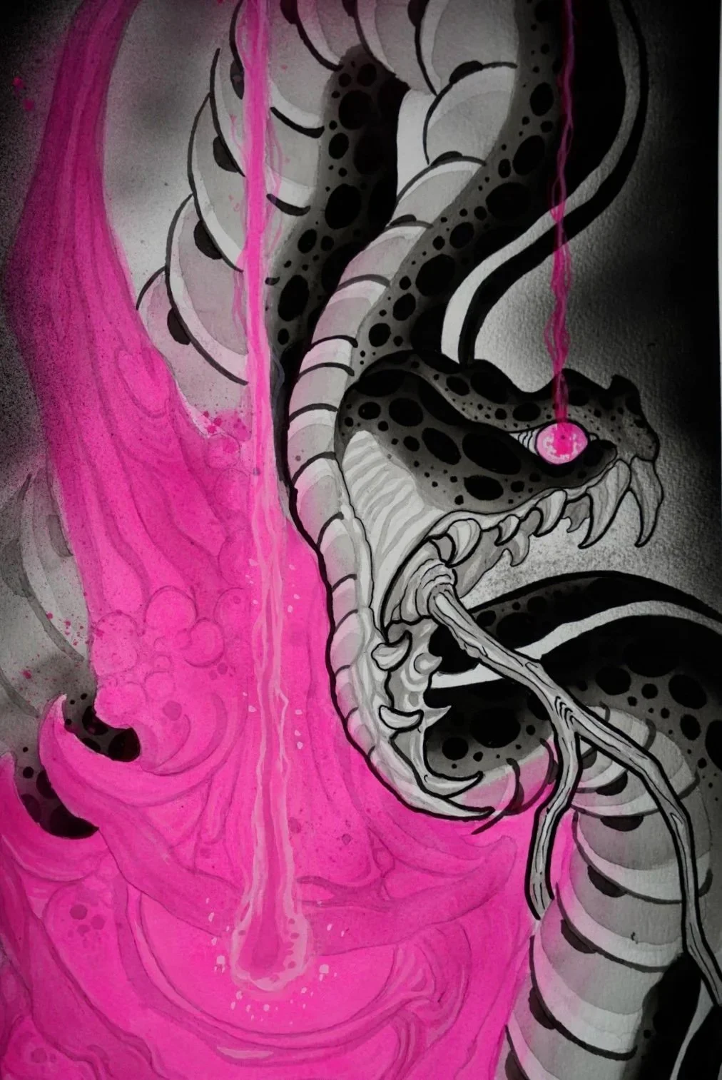 Detail view of the Hannya face and fluorescent pink composition in original mixed-media artwork by Adrian Aguirre