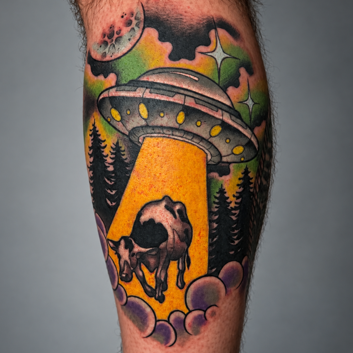 Color UFO abduction tattoo with cow and forest scene by Miami tattoo artist Adrian Aguirre