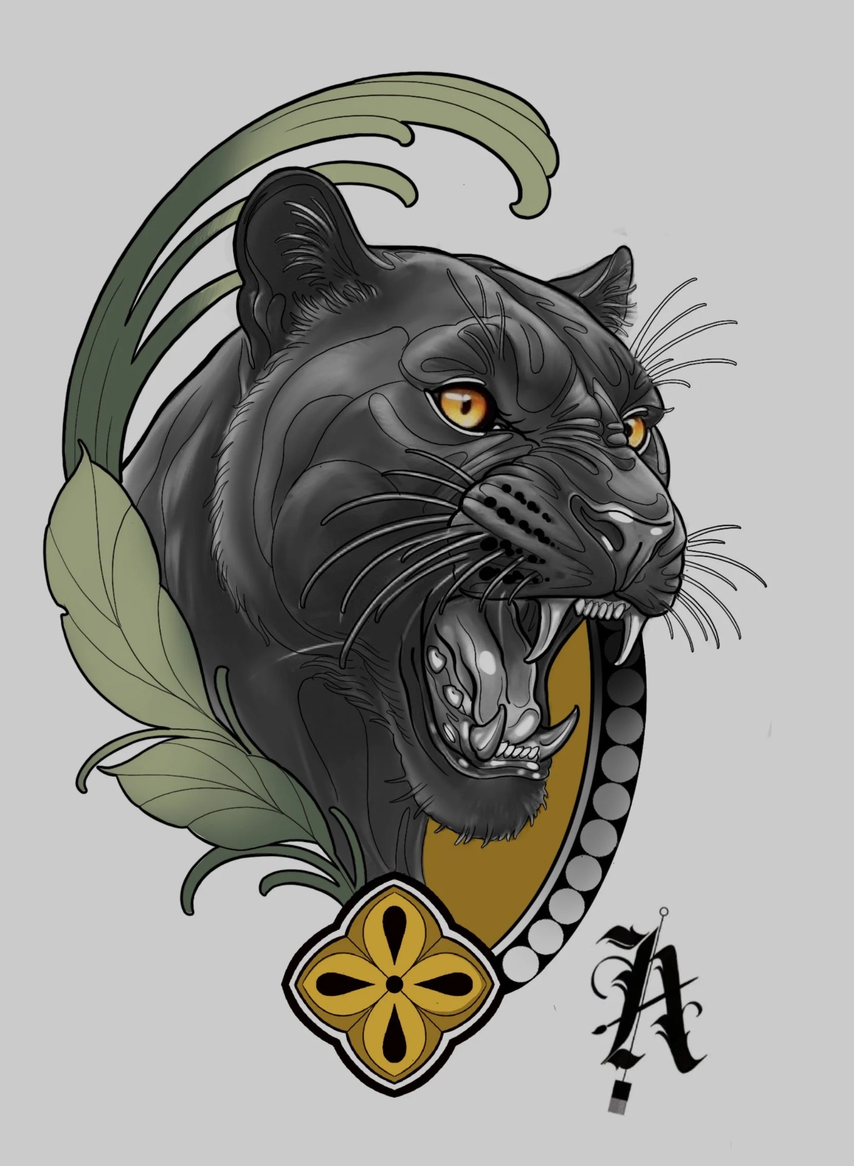 Available black panther tattoo design with botanical elements by Miami tattoo artist Adrian Aguirre