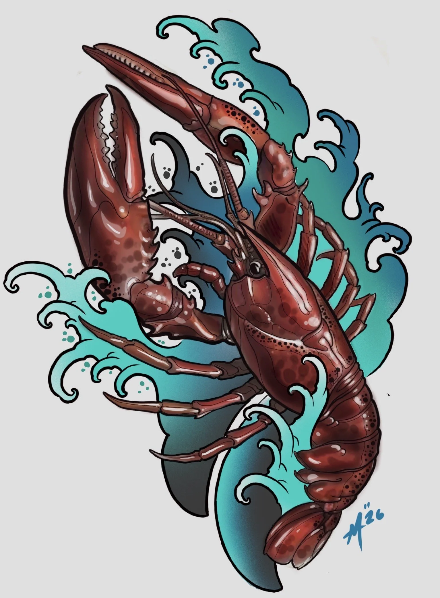 Available red lobster tattoo design with teal Japanese-style waves by Miami tattoo artist Adrian Aguirre