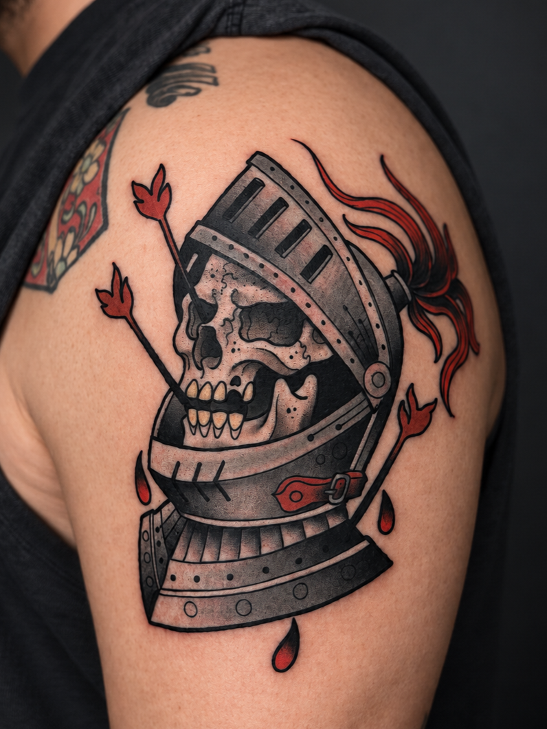 Skull in medieval knight helmet tattoo with red accents by Miami tattoo artist Adrian Aguirre