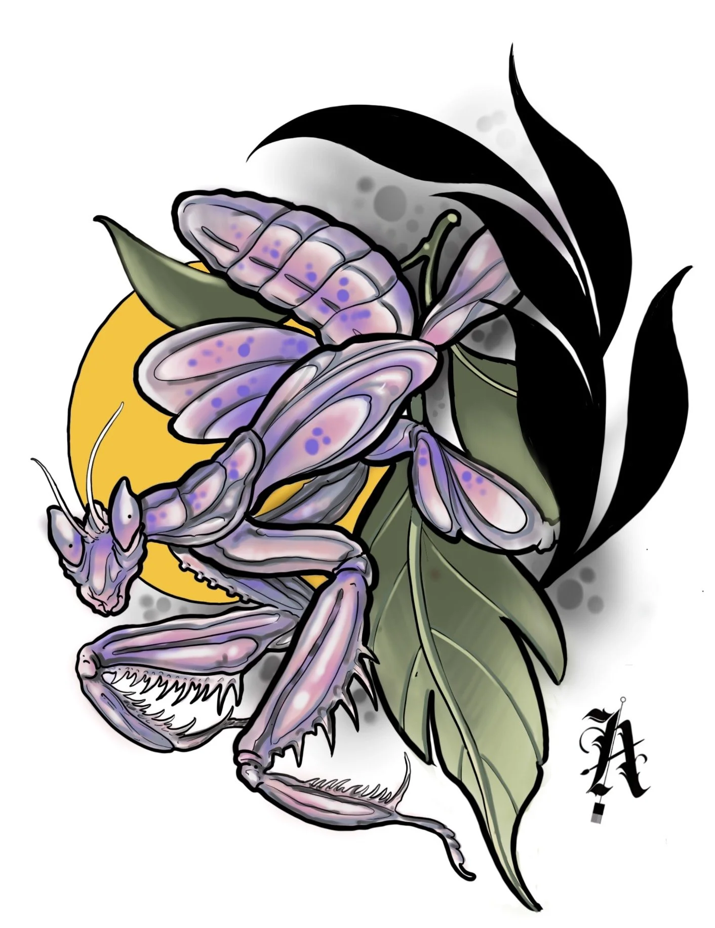 Available orchid mantis tattoo design with soft purple tones, leaves, and bold graphic shapes by Miami tattoo artist Adrian Aguirre