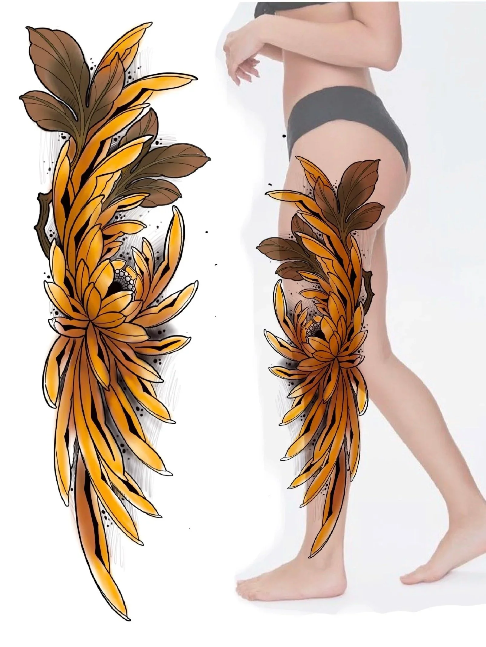 Available ornamental floral outer leg tattoo design with warm gold and brown leaves by Miami tattoo artist Adrian Aguirre