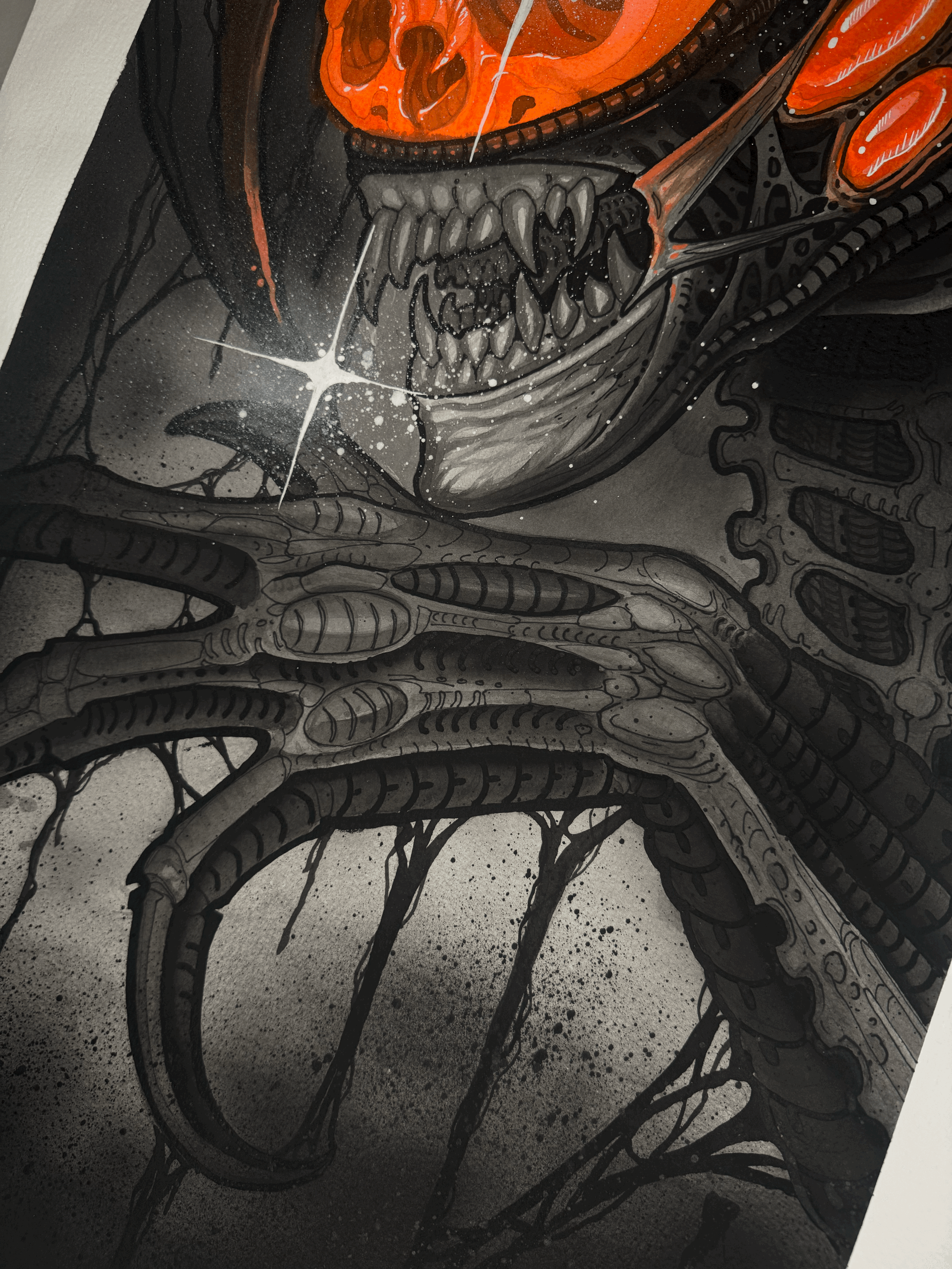 Close-up of black and gray biomechanical body details in the Xenomorph original painting by Adrian Aguirre