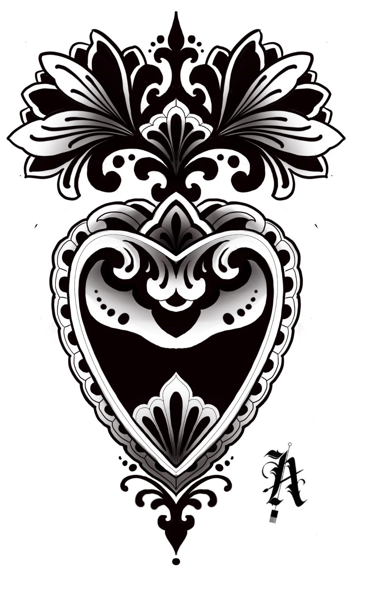 Available blackwork ornamental heart tattoo design with floral details by Miami tattoo artist Adrian Aguirre
