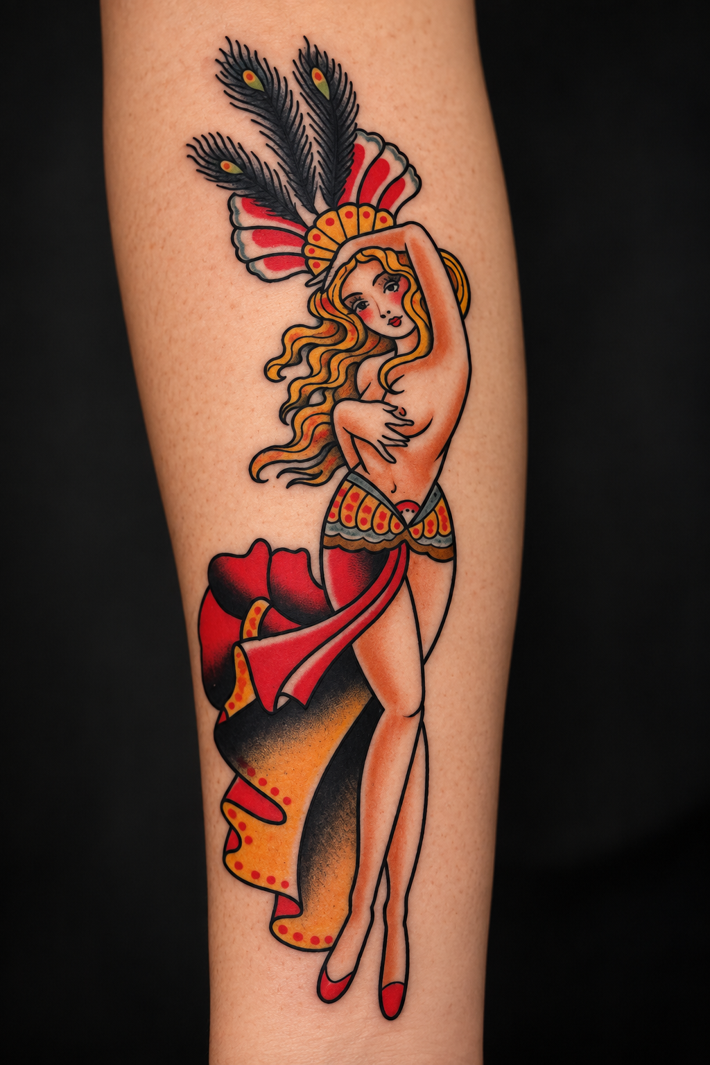 Traditional-style showgirl pin-up tattoo with red and gold details by Miami tattoo artist Adrian Aguirre