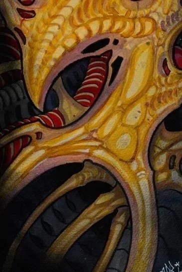Detail view of ribbed structures, organic shapes, and dark mechanical textures in Biomechanical Organism painting by Adrian Aguirre