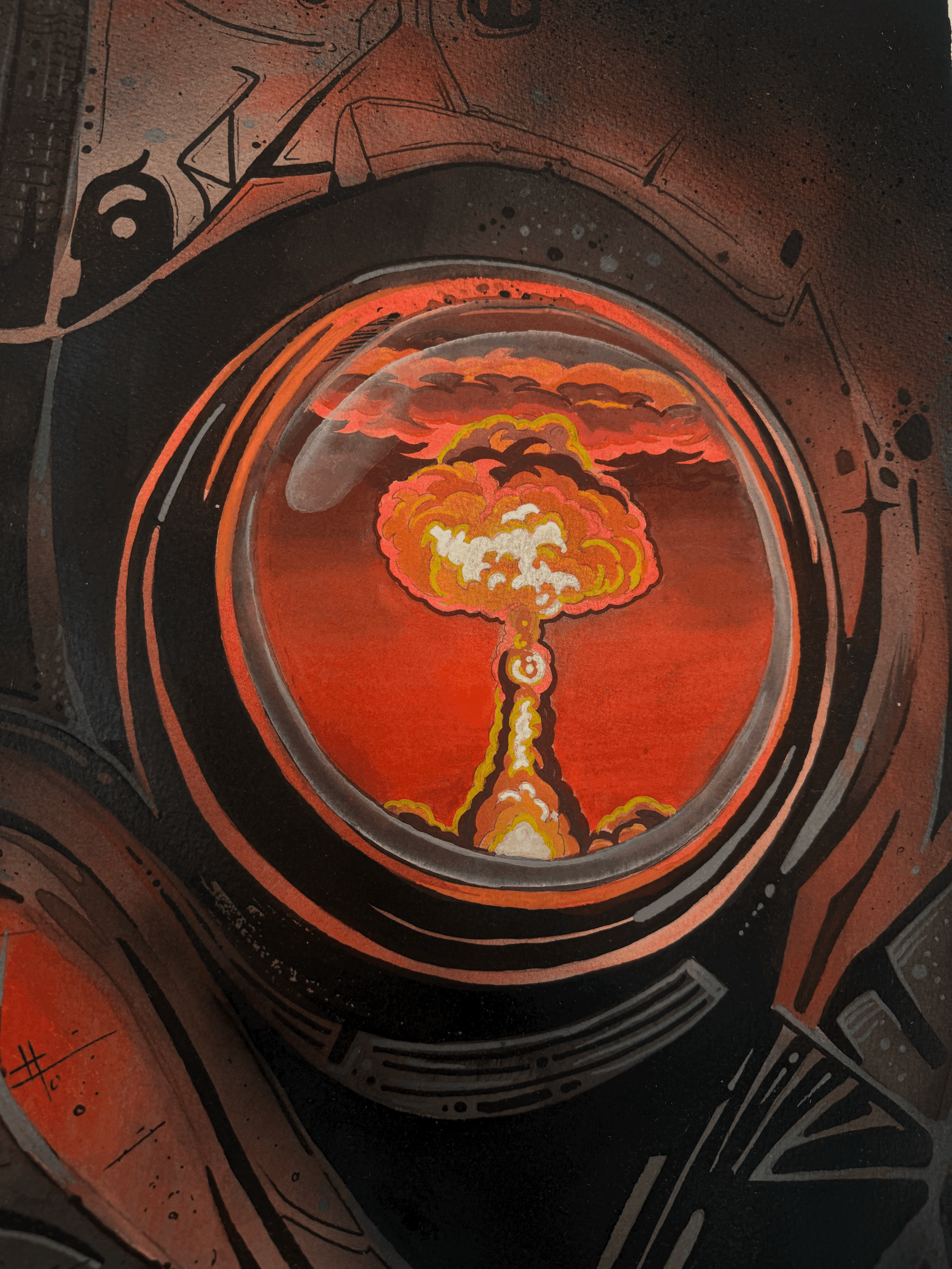 Detail view of the orange and black protective suit in the Chernobyl mixed-media painting by Adrian Aguirre