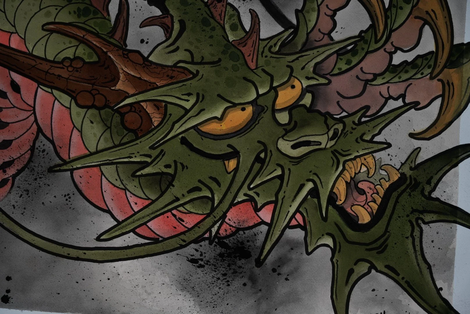 Detail view of the Green Dragon painting showing layered scales, horns, and muted orange accents by Adrian Aguirre