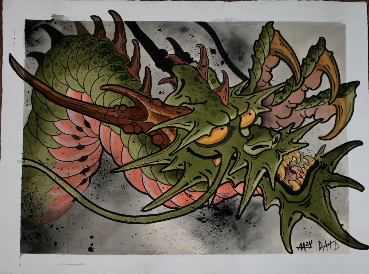 Full view of Green Dragon original mixed-media painting by Adrian Aguirre