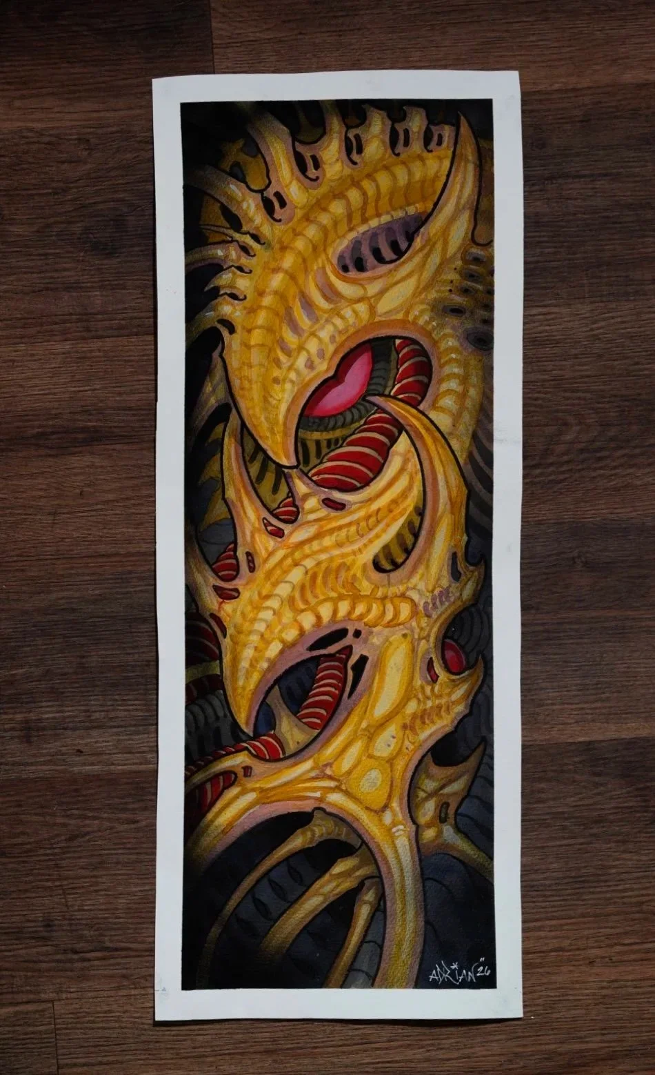 Full view of Biomechanical Organism original mixed-media painting by Adrian Aguirre