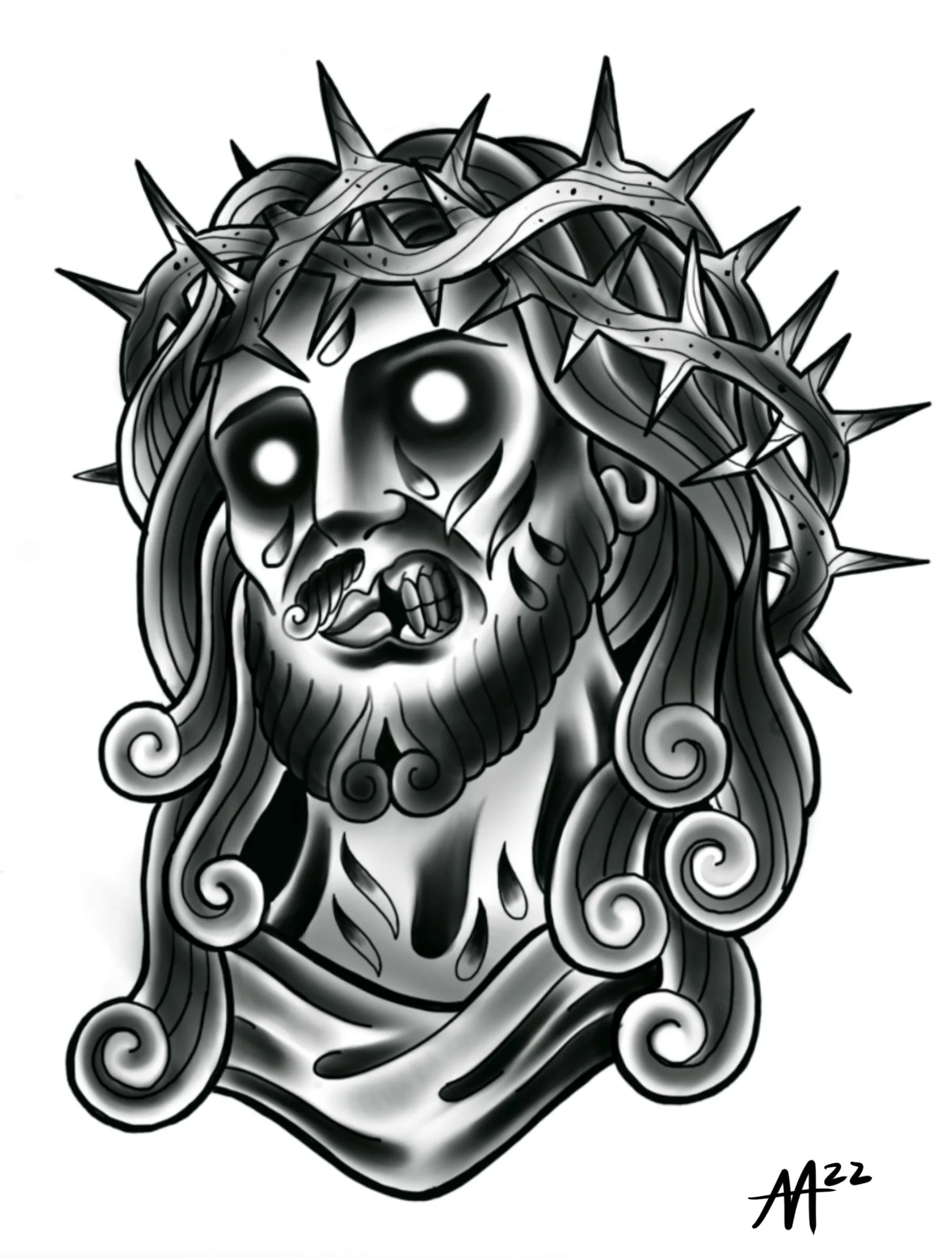 Available black and gray zombie Jesus tattoo design with crown of thorns by Miami tattoo artist Adrian Aguirre