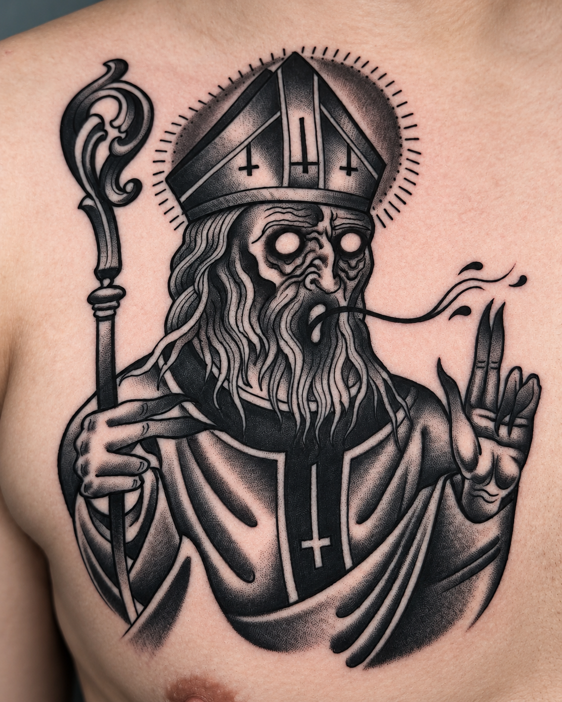 Black and gray dark bishop tattoo with staff and skeletal details by Miami tattoo artist Adrian Aguirre