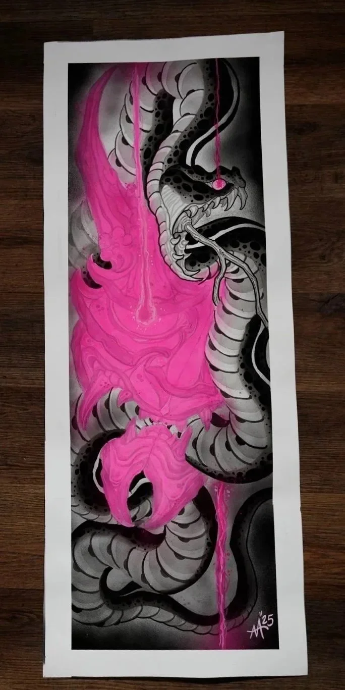 Full view of Glowing Hannya original mixed-media painting by Adrian Aguirre