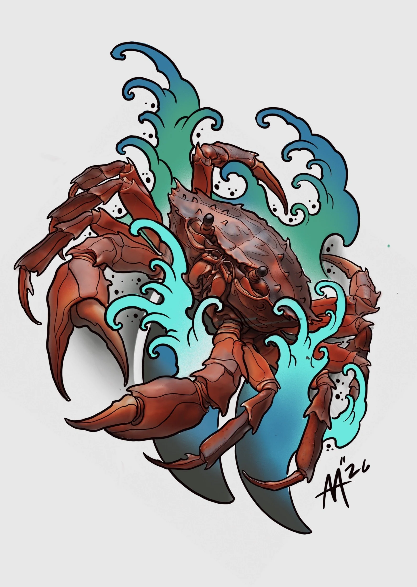 Available red crab tattoo design with teal Japanese-style waves by Miami tattoo artist Adrian Aguirre