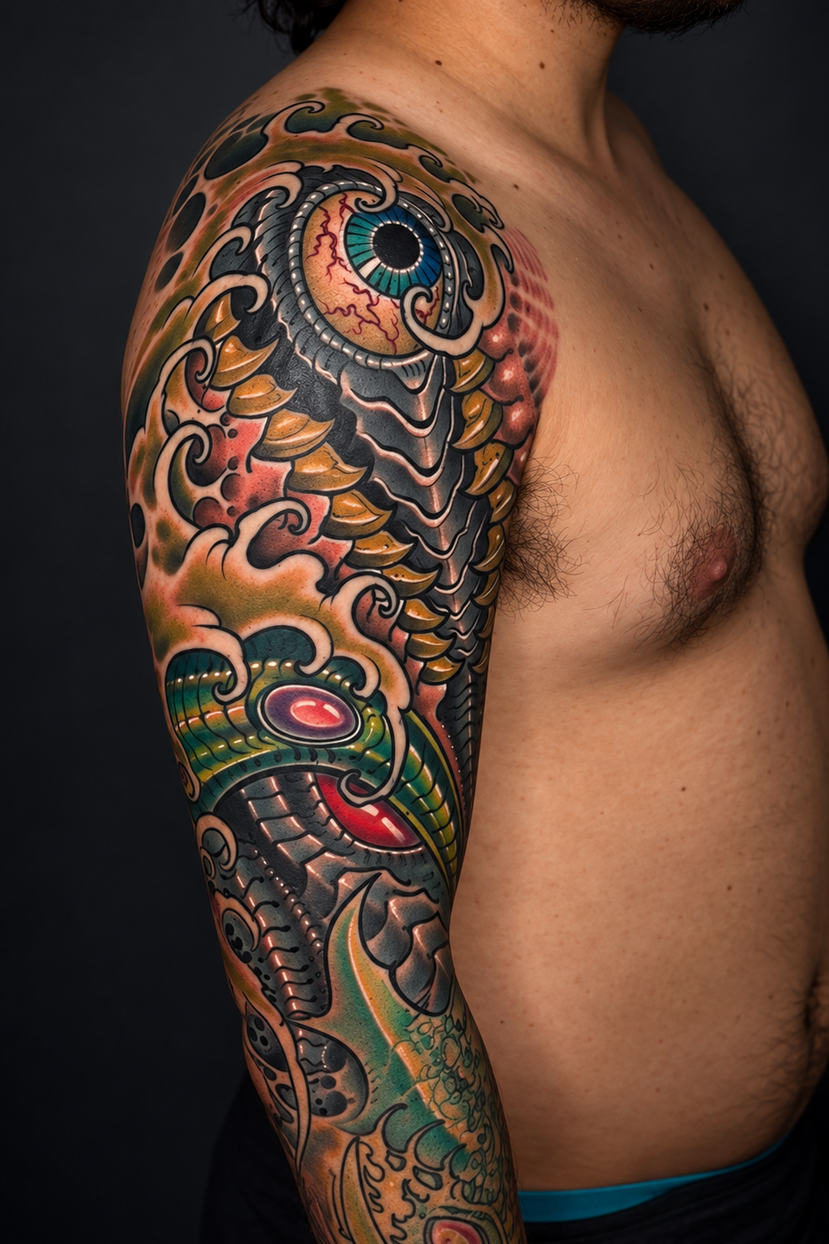 Color biomechanical eye and mechanical arm tattoo by Miami tattoo artist Adrian Aguirre