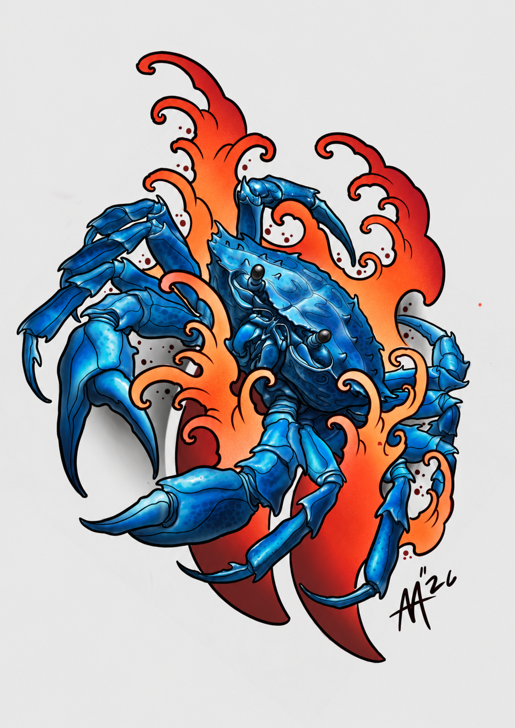 Available blue crab tattoo design with orange Japanese-style waves by Miami tattoo artist Adrian Aguirre