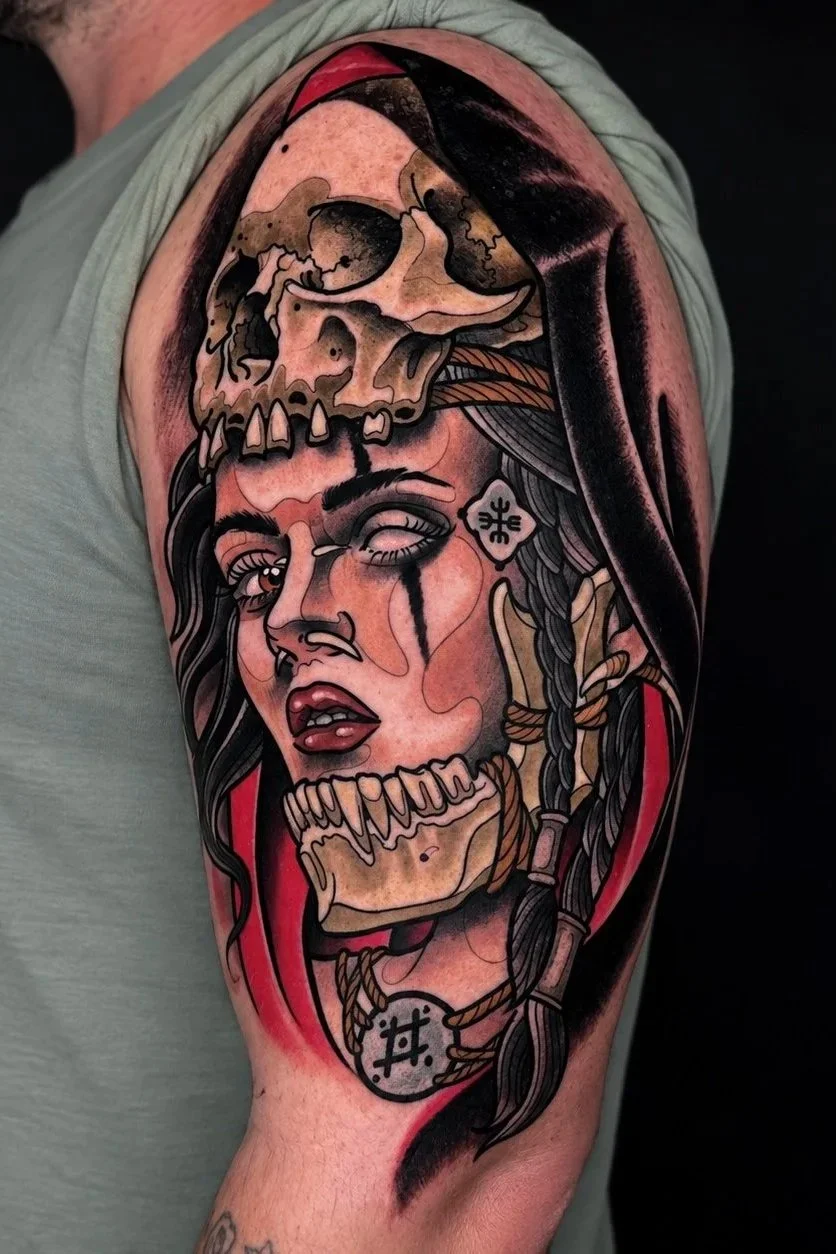 Neo-traditional woman with skull headdress tattoo by Miami tattoo artist Adrian Aguirre