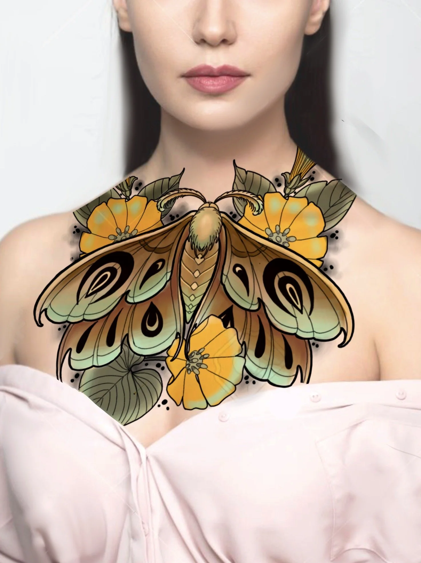 Available moth and floral chest tattoo design with warm gold and green tones by Miami tattoo artist Adrian Aguirre