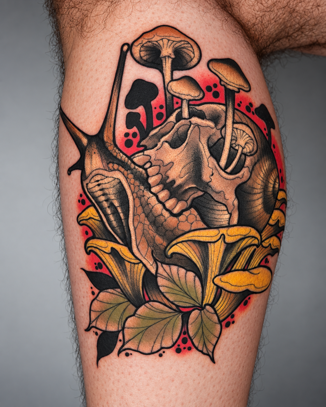 Color animal skull tattoo with mushrooms and botanical details by Miami tattoo artist Adrian Aguirre