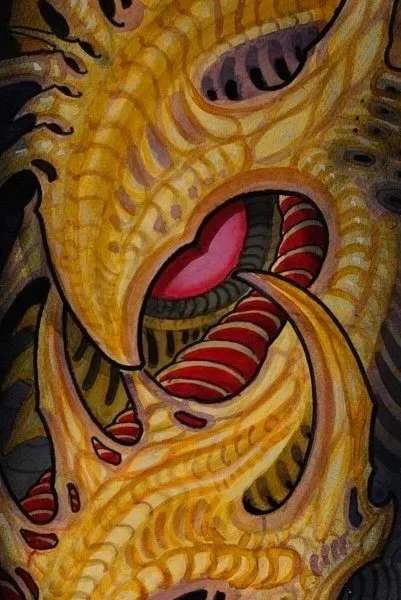 Close-up of layered yellow biomechanical forms and red organic details in original painting by Adrian Aguirre