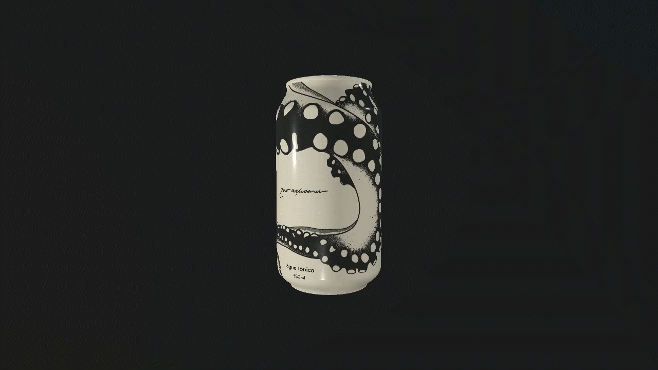 Lata de água tônica com design preto e branco de polvo estilizado.