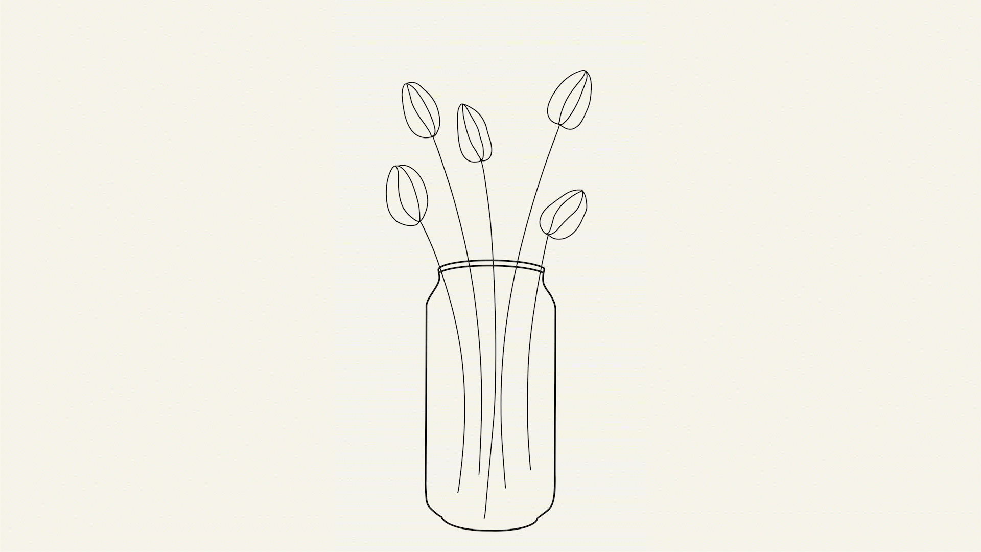 Ilustração minimalista de um vaso de vidro com flores, desenhada com linhas finas e simples.
