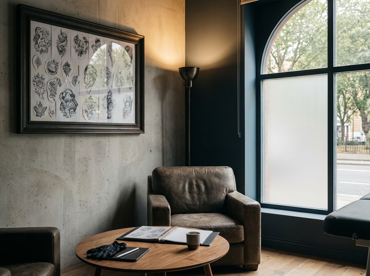 A cozy corner of a coffee shop with a brown leather armchair, a wooden table with an open sketchbook, a coffee cup, a smartphone, a tablet, and a computer mouse. There is a large window with a view of trees and street outside, and a framed botanical art print on the concrete wall.