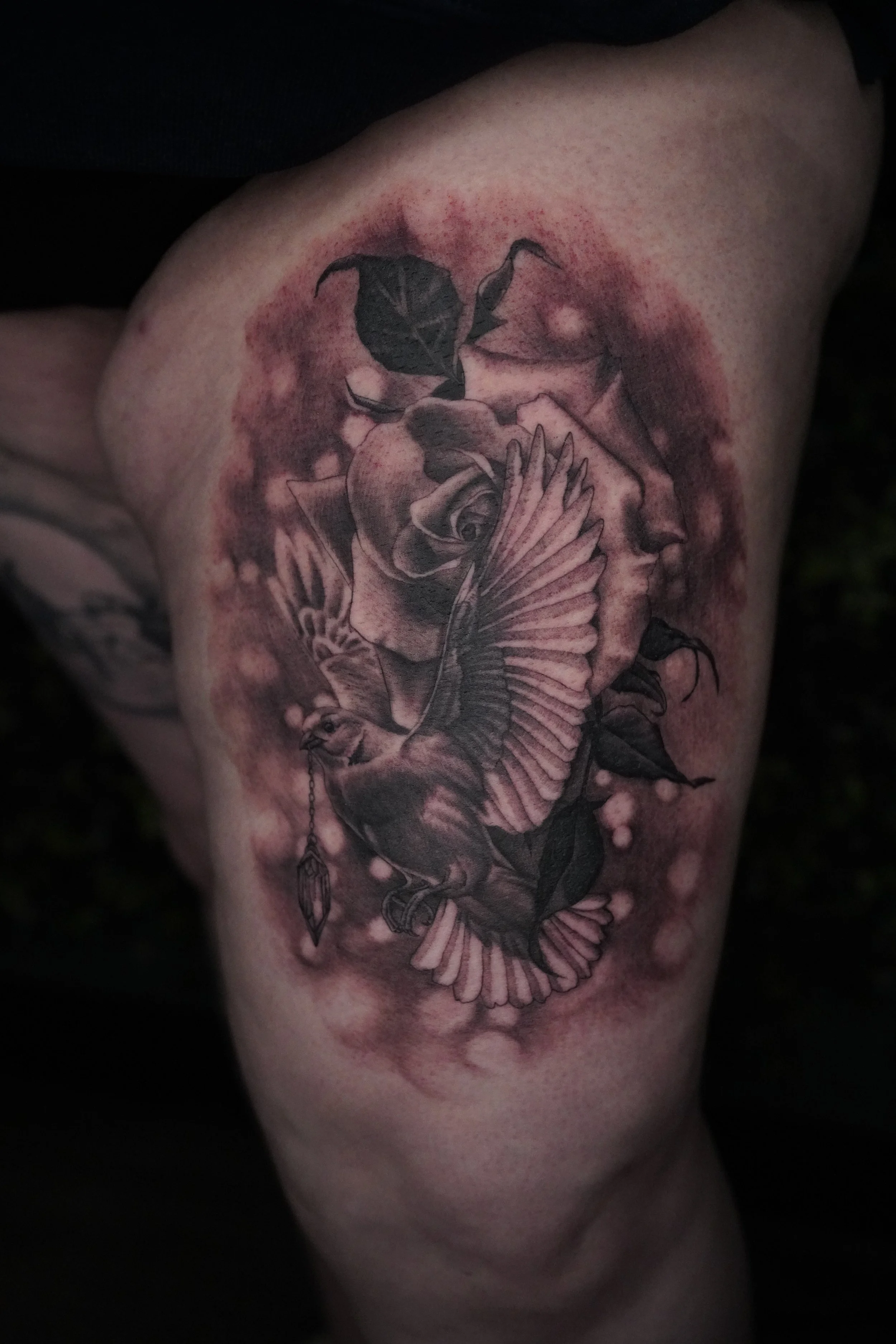 Black and gray sleeve tattoo featuring a rose, a hummingbird, a dove, and a dreamcatcher on a person's upper arm.
