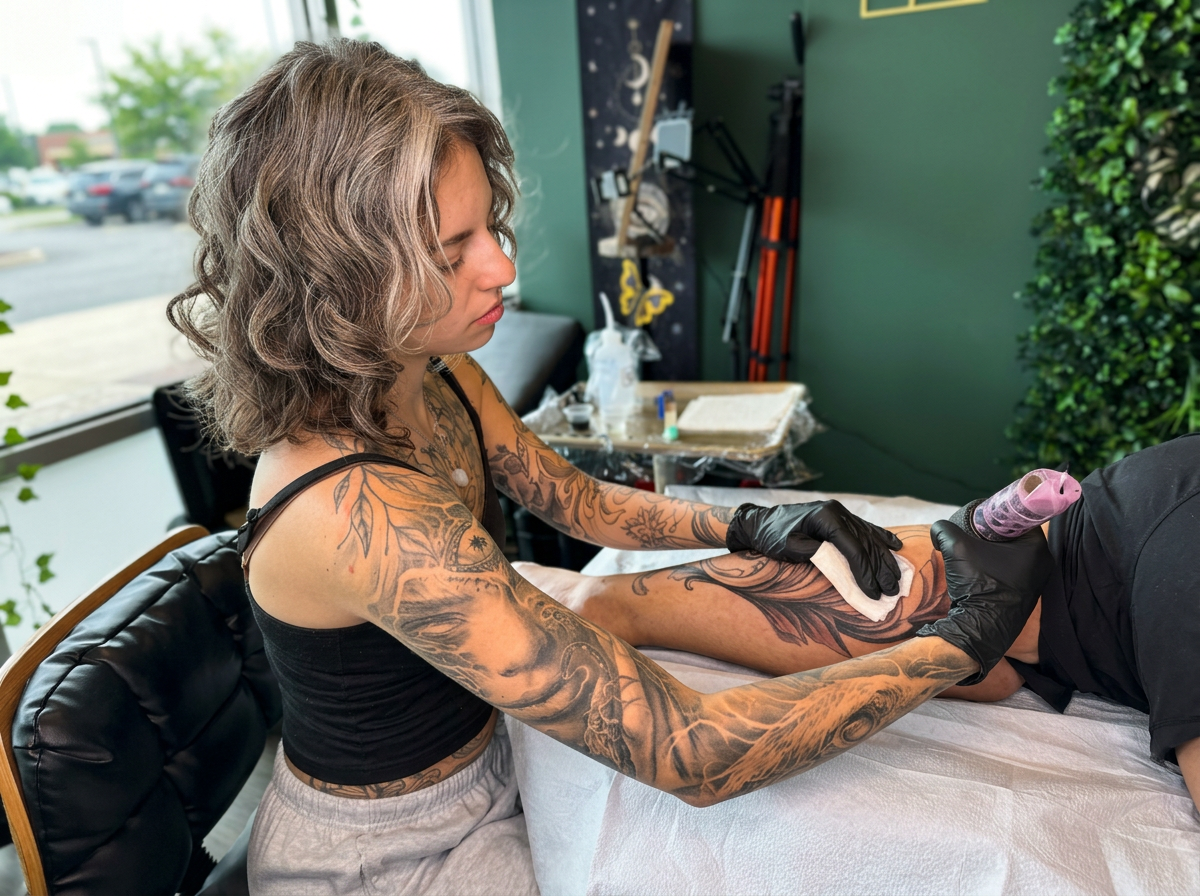 Tattoo artist in black gloves applying tattoo to client's arm in tattoo studio with green wall and plants.
