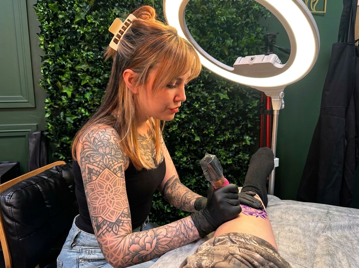 Tattoo artist in black gloves creating a purple tattoo on a client's thigh in a tattoo studio with green walls and a ring light.