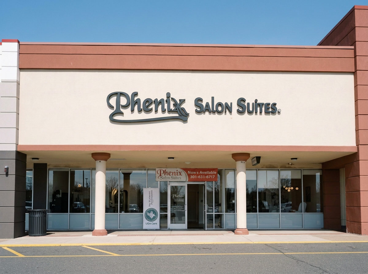 Exterior view of a storefront for Phenix Salon Suites, with large sign, glass windows, and entrance with two white columns, under a clear blue sky.