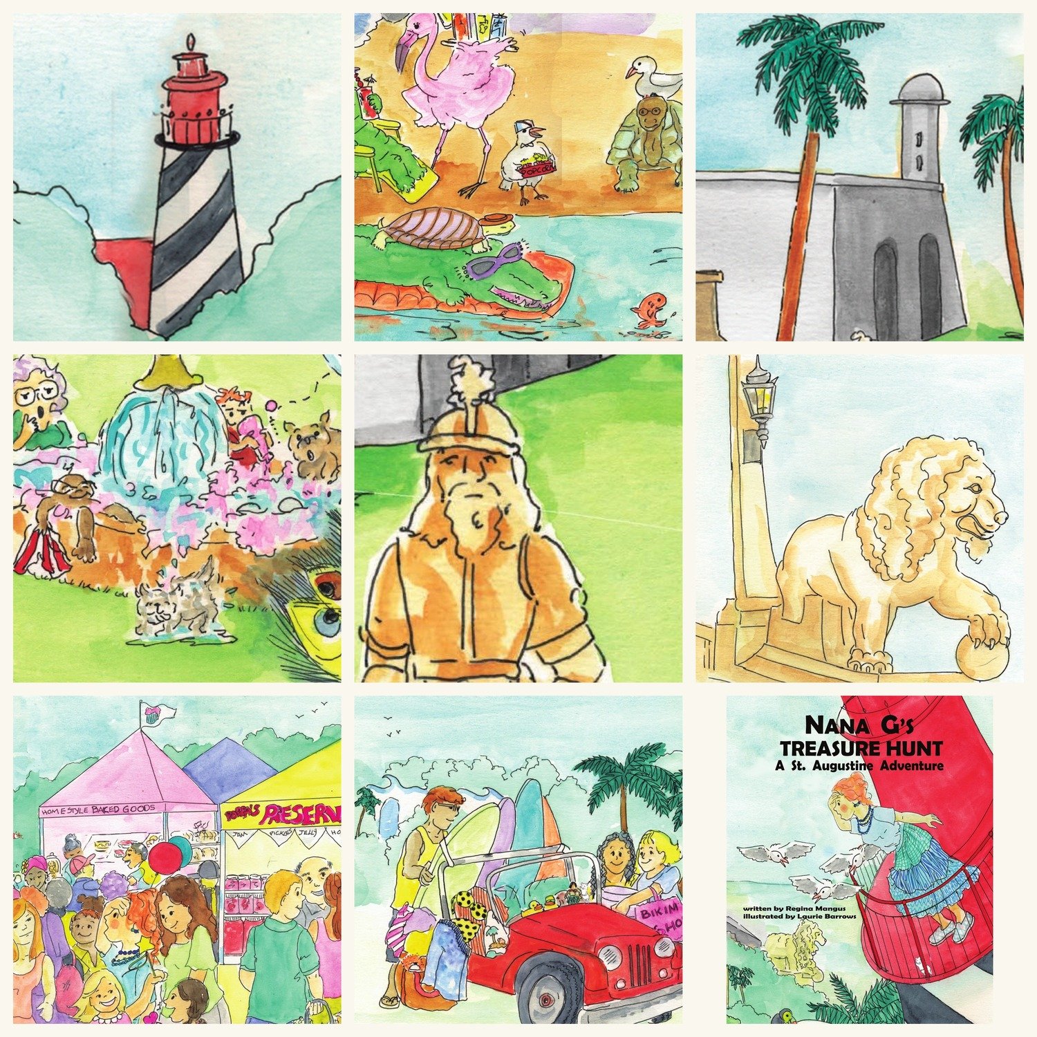 Collage of colorful illustrations depicting various attractions and scenes in St. Augustine, including a lighthouse, animals, a castle, people enjoying rides and games, and a treasure hunt.