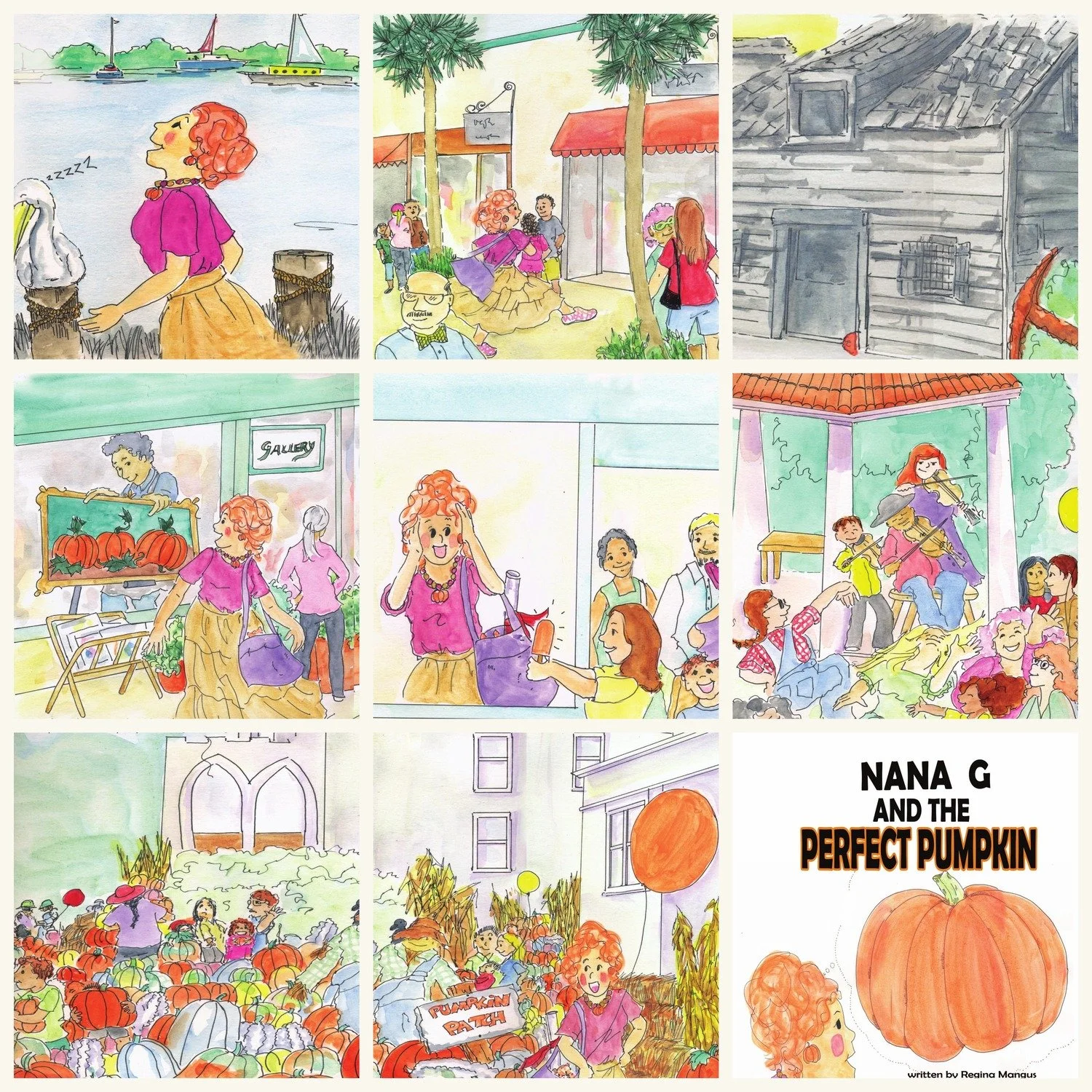 Series of watercolor illustrations depicting a woman named Nana G at a pumpkin festival, including scenes of her walking through pumpkin patches, participating in a pumpkin path, listening to live music, and enjoying community activities with children and friends.