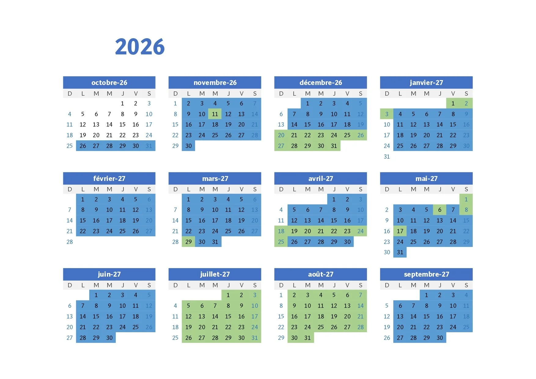 2026 year calendar displaying months from October to September, with dates marked in blue and green highlighting specific days.