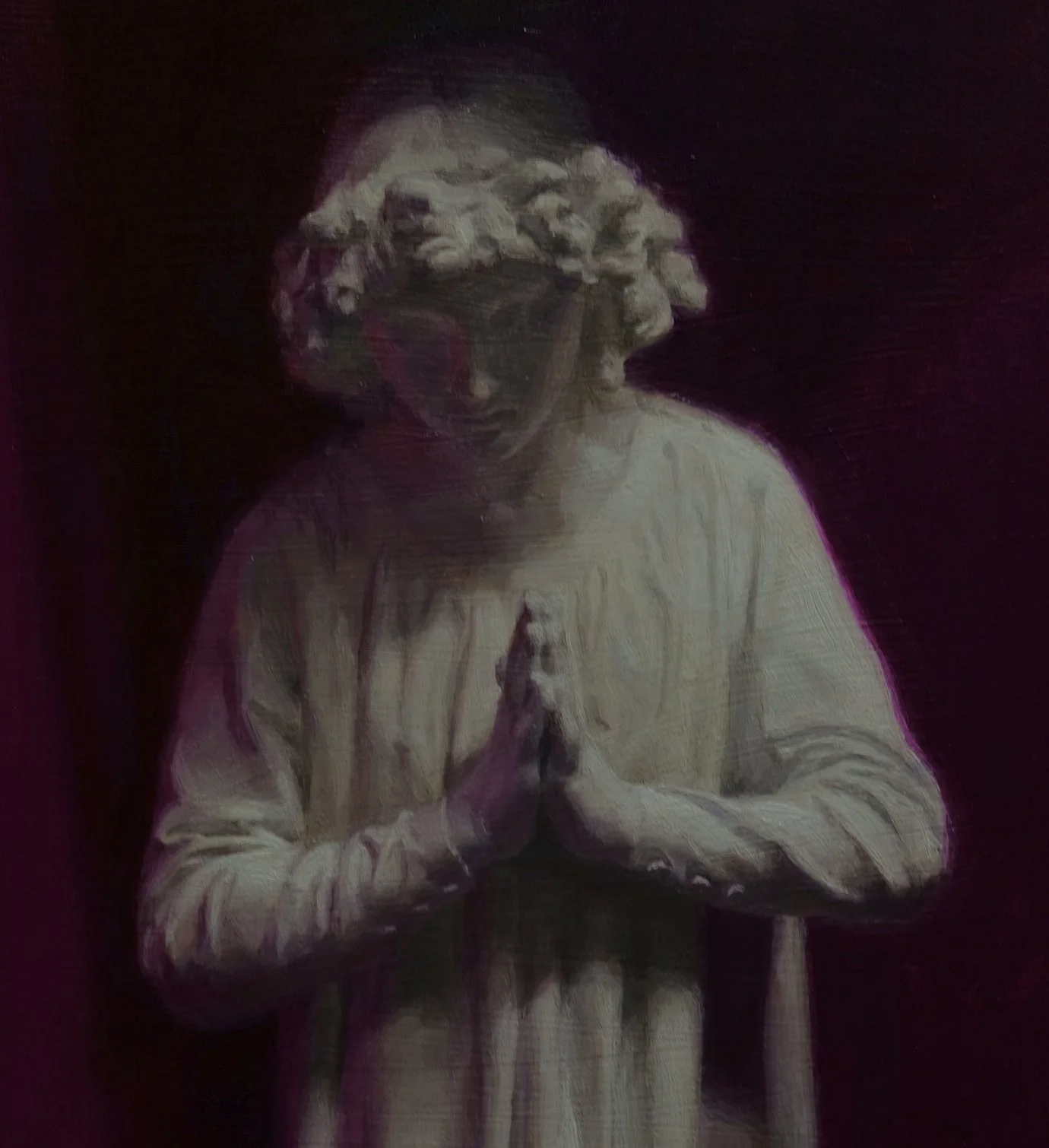 A painting of a person with curly hair, wearing glasses, and a beige shirt, sitting with their hands clasped on a dark surface against a dark background.