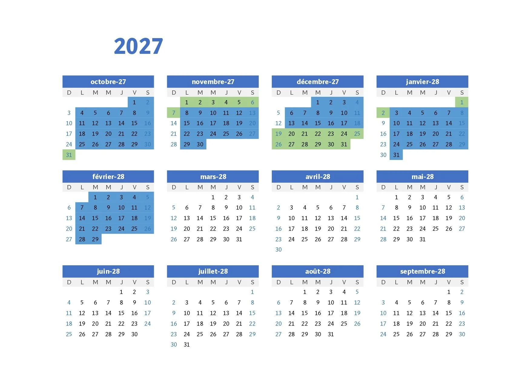 2027 calendar year showing months from October through September with color-coded days and weekends.
