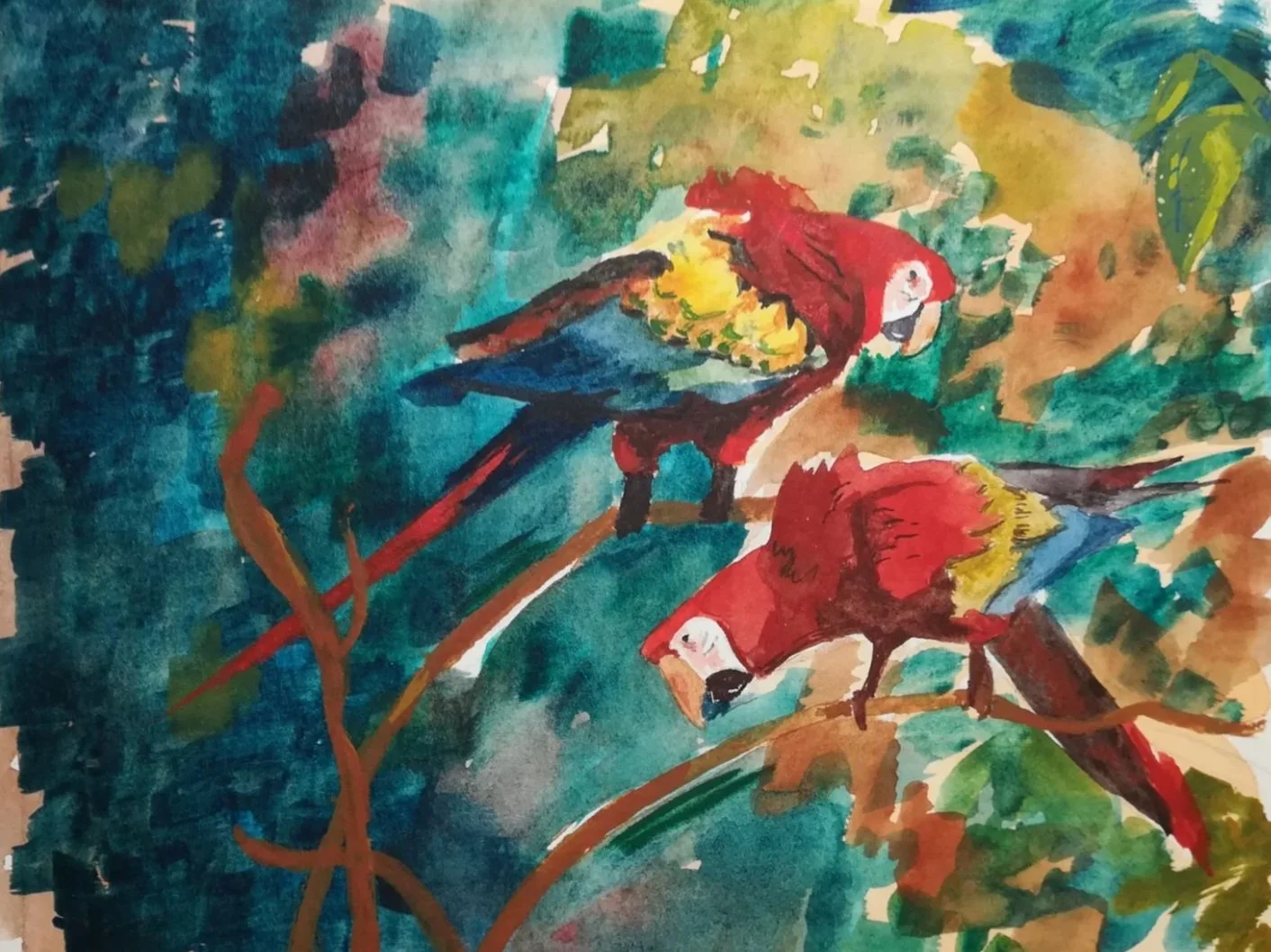Watercolor painting of two parrots perched on tree branches, surrounded by green and blue foliage.