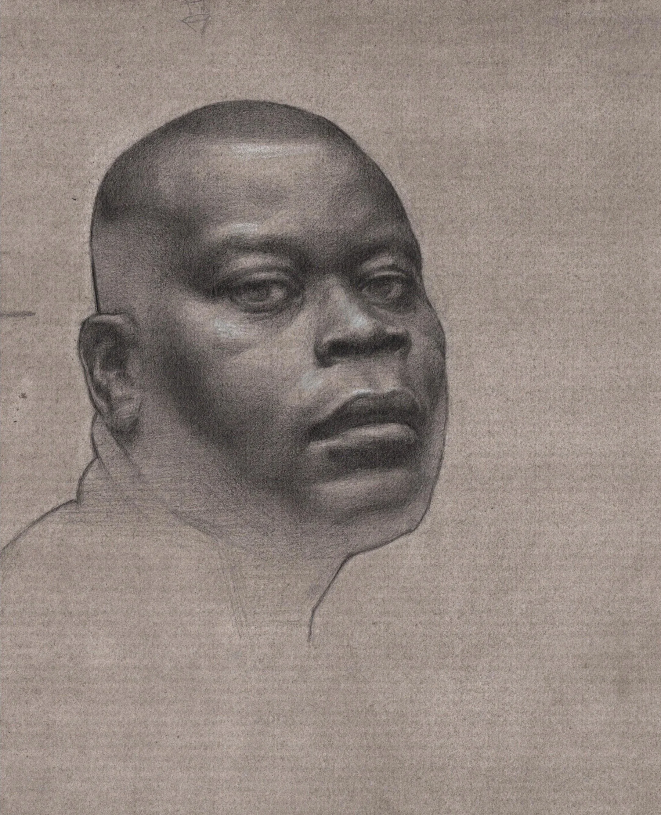 Close-up of a pencil sketch depicting a person's face, focusing on the upper half, including the eyes, nose, and forehead, with minimal background.