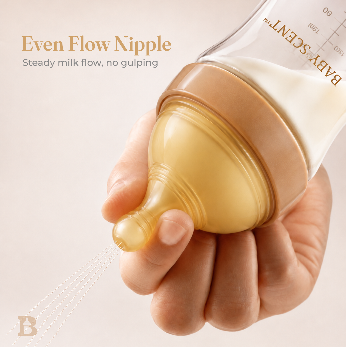 Close-up of a hand holding a baby bottle with milk and a silicone nipple, demonstrating steady milk flow without gulping.