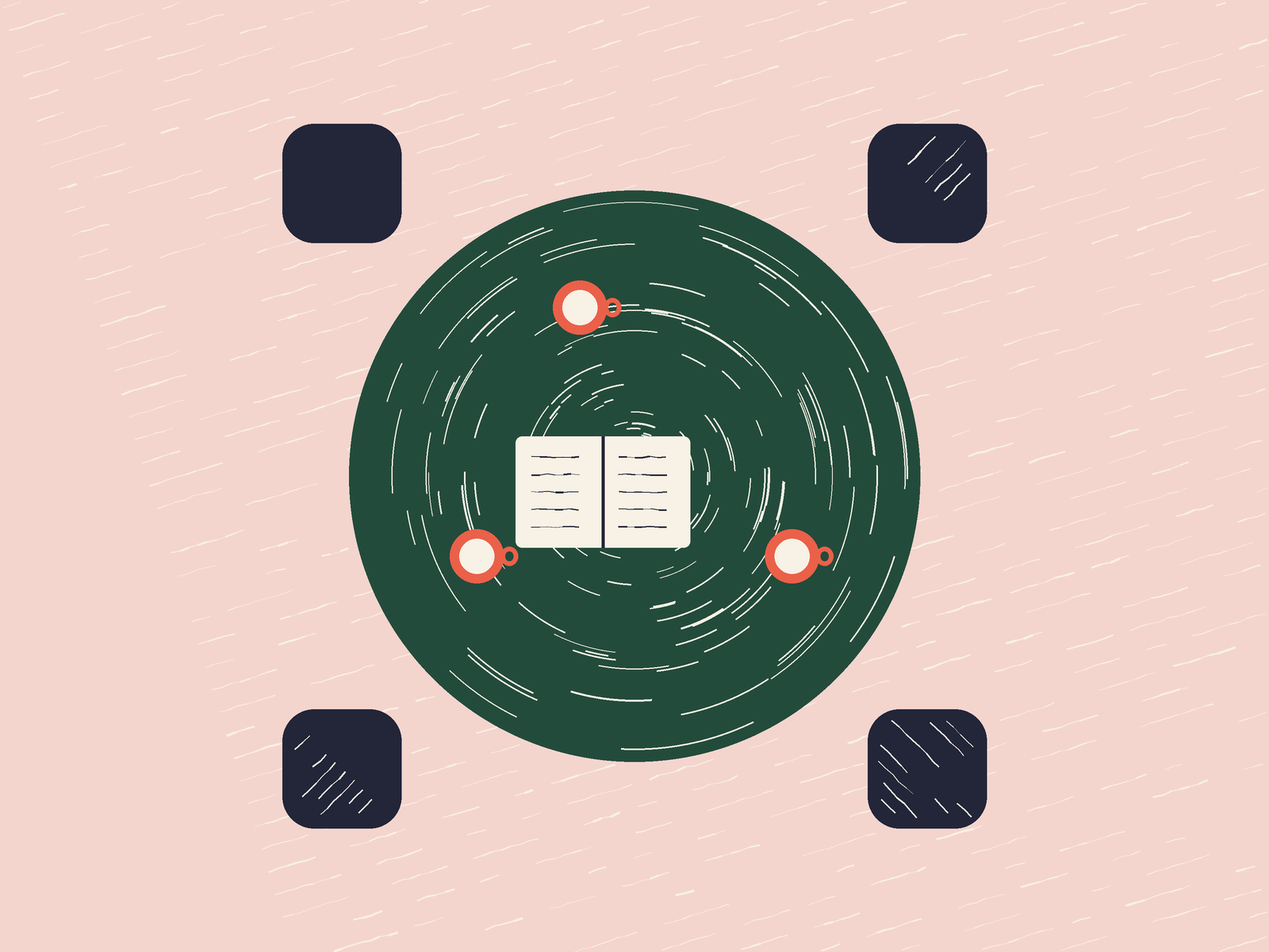 Illustration from above: a round green table with cups and an open book, four chairs around it.