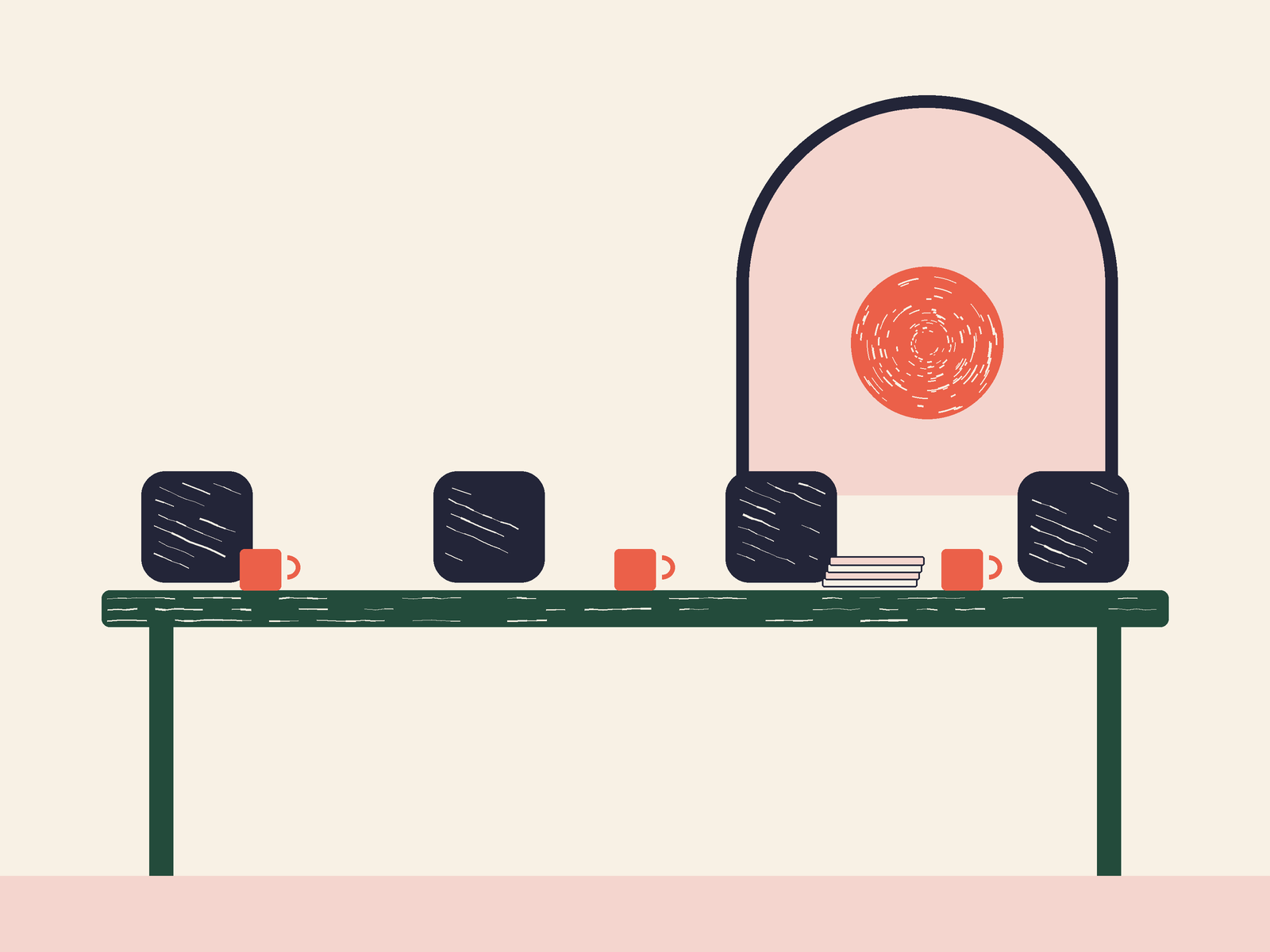 Illustration: a long table with four chairs and cups, an arched window with the evening sun behind it.